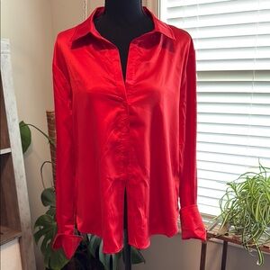 Red Satin Button-Up Blouse